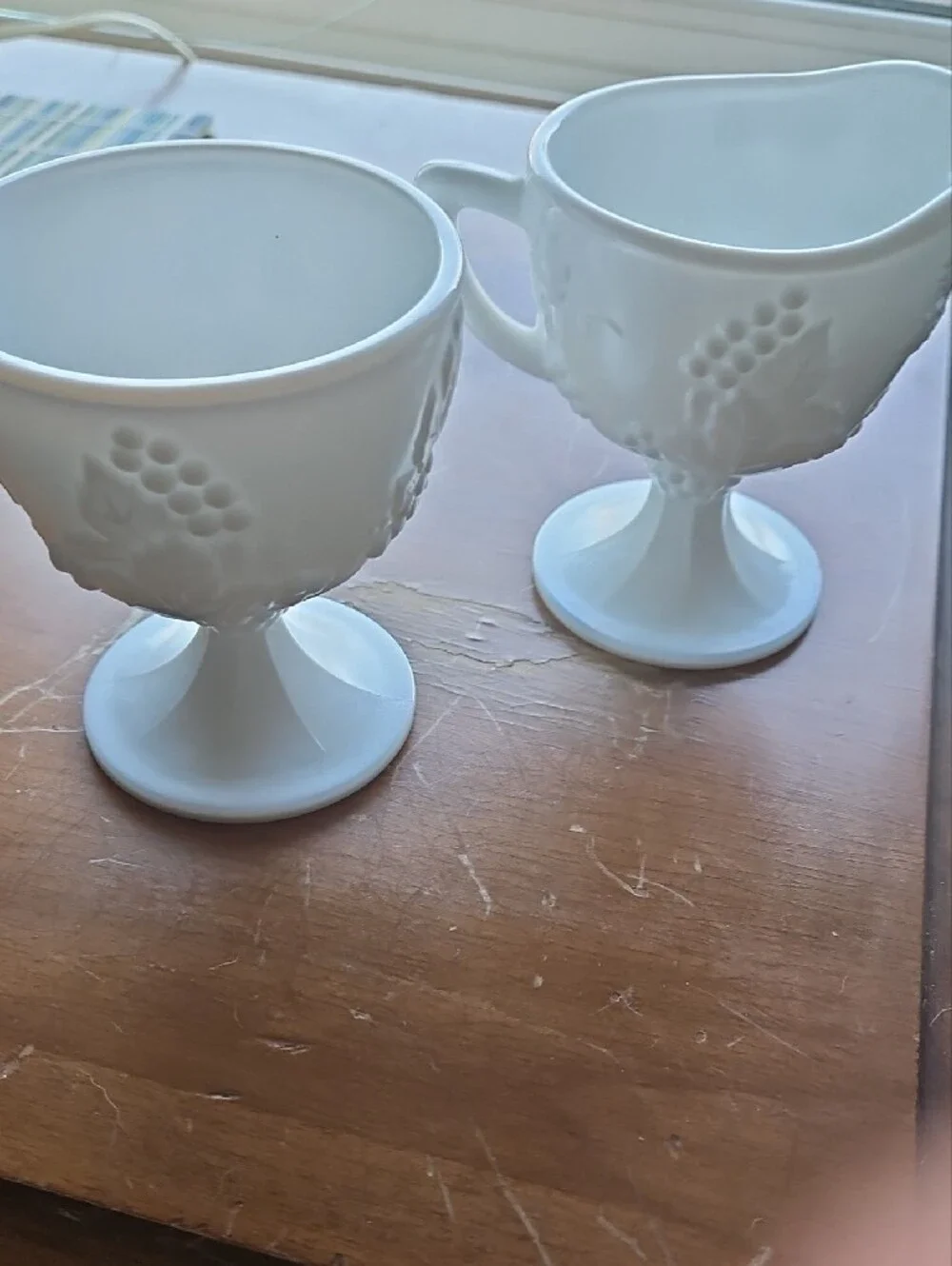 Indiana Harvest Grape Milk Glass Pedestal Creamer and Sugar Set